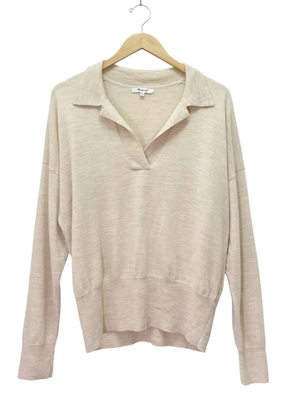 Madewell Size XL Merino Wool Polo Sweater Oatmeal Beige Split Neck Lightweight